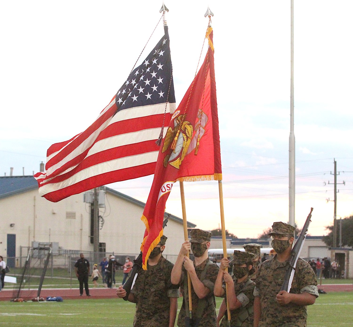 Royal High School’s MCJROTC presented the colors at the Falcons’ district-opening contest against the Sealy Tigers on Oct. 9, 2020 at Falcon Stadium in Brookshire.